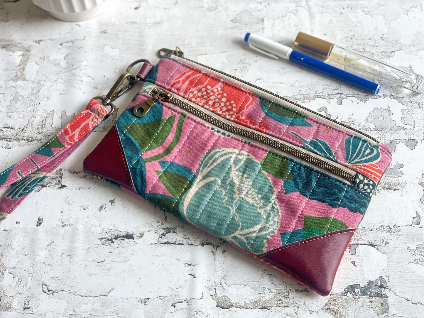 Double Zip Pouch in Berry & Blue Floral